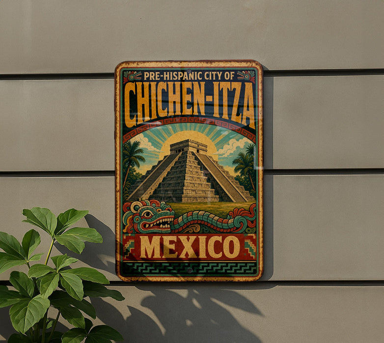 A vintage-style sign for Chichen Itza, the pre-hispanic city of Mexico, featuring a pyramid and a dragon.