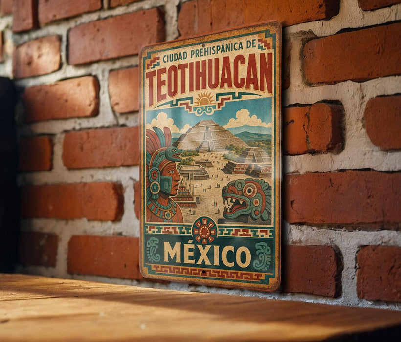 A vintage metal sign with a colorful illustration of Teotihuacan, the ancient city in Mexico, is displayed on a brick wall.
