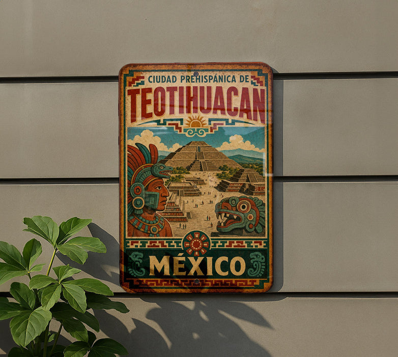 A vintage-style metal sign with a colorful illustration of Teotihuacan, the ancient city in Mexico, is displayed on a wall.