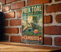 A vintage metal sign with a bird illustration and text, mounted on a brick wall.