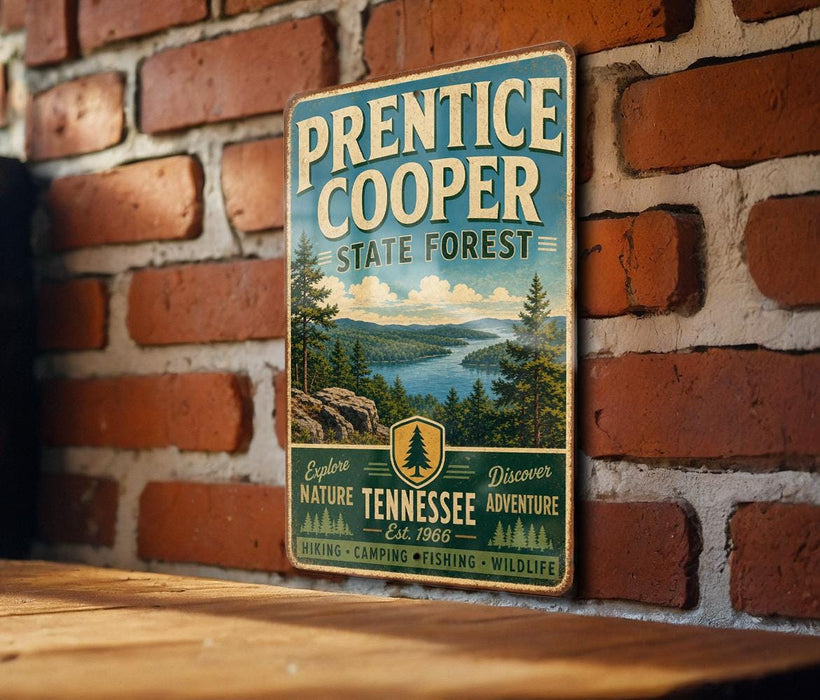 A vintage metal sign for the Prentice Cooper State Forest in Tennessee, featuring a scenic landscape with pine trees and a river.