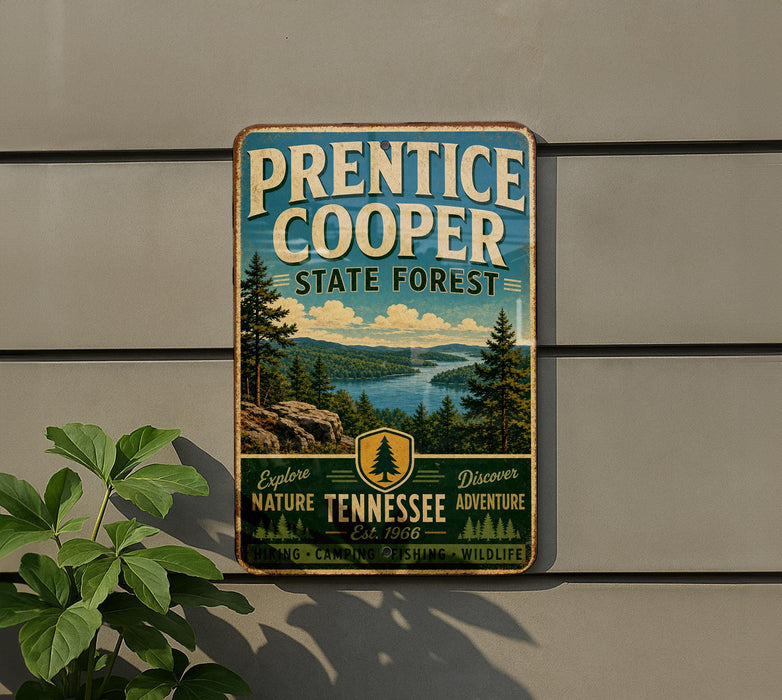 A vintage-style metal sign for Prentice Cooper State Forest, featuring a scenic landscape with pine trees, a river, and mountains.