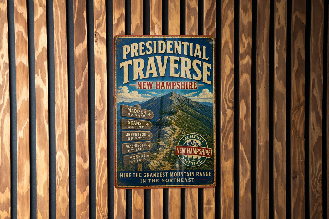 A vintage-style metal sign advertising the Presidential Traverse in New Hampshire, featuring a mountain landscape and directional signs.