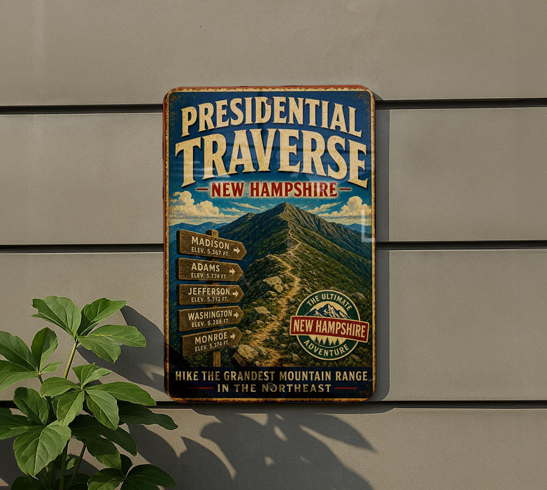A vintage-style metal sign advertising the Presidential Traverse in New Hampshire, featuring a mountain landscape and directional signs.
