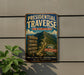 A vintage-style metal sign advertising the Presidential Traverse in New Hampshire, featuring a mountain landscape and directional signs.