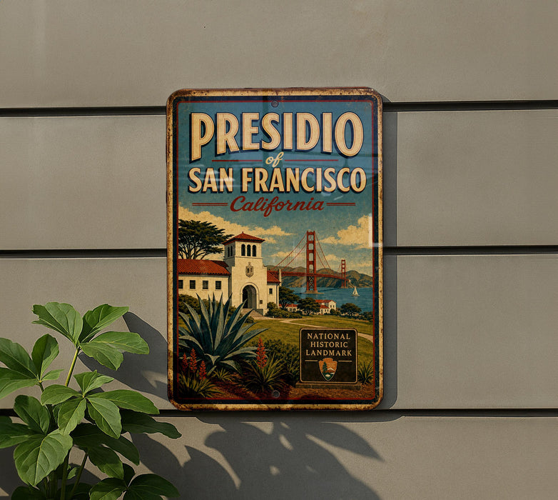 A vintage-style sign for Presidio of San Francisco, California, featuring a scenic illustration of the city's landmarks and greenery.