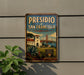 A vintage-style sign for Presidio of San Francisco, California, featuring a scenic illustration of the city's landmarks and greenery.