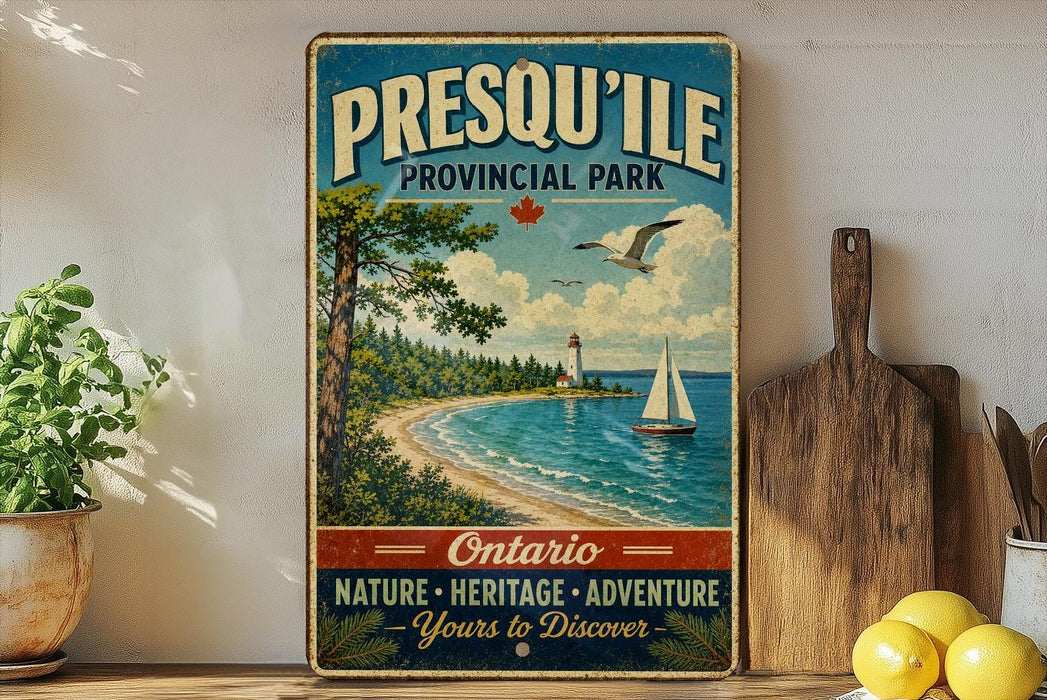 A vintage-style sign for Presqu' Isle Provincial Park in Ontario, featuring a scenic image of a beach, lighthouse, and sailboat.