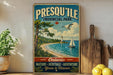 A vintage-style sign for Presqu' Isle Provincial Park in Ontario, featuring a scenic image of a beach, lighthouse, and sailboat.