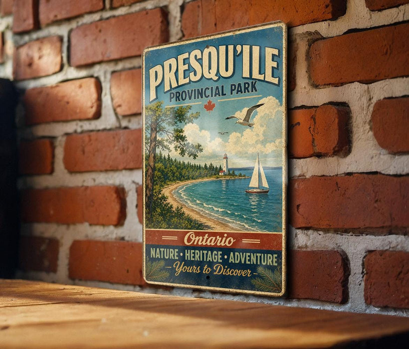 A vintage-style metal sign for Presqu' Isle Provincial Park, featuring a scenic illustration of a beach, sailboat, and forest landscape.