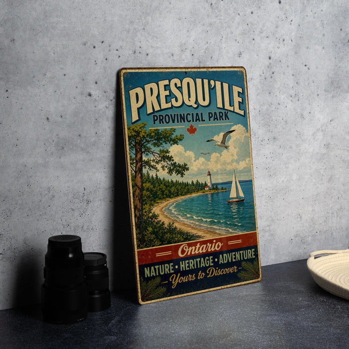 A vintage-style sign for Presqu' Isle Provincial Park in Ontario, featuring a scenic illustration of a beach, lighthouse, and sailboat.
