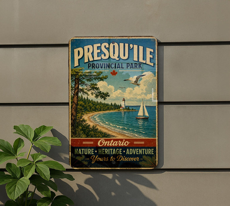 A vintage-style sign for Presqu' Isle Provincial Park, featuring a scenic illustration of a beach, lighthouse, and sailboat.