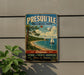 A vintage-style sign for Presqu' Isle Provincial Park, featuring a scenic illustration of a beach, lighthouse, and sailboat.