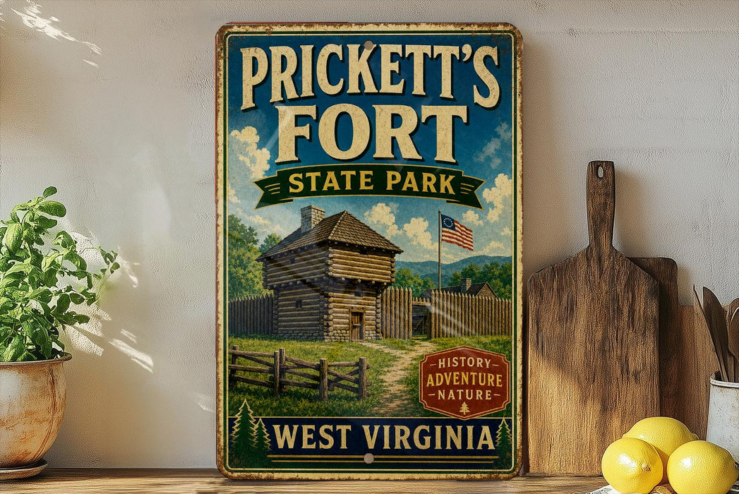 A vintage-style sign for Prickett's Fort State Park in West Virginia, featuring a wooden cabin and a flag, is displayed on a shelf next to a wooden cutting board and some lemons.