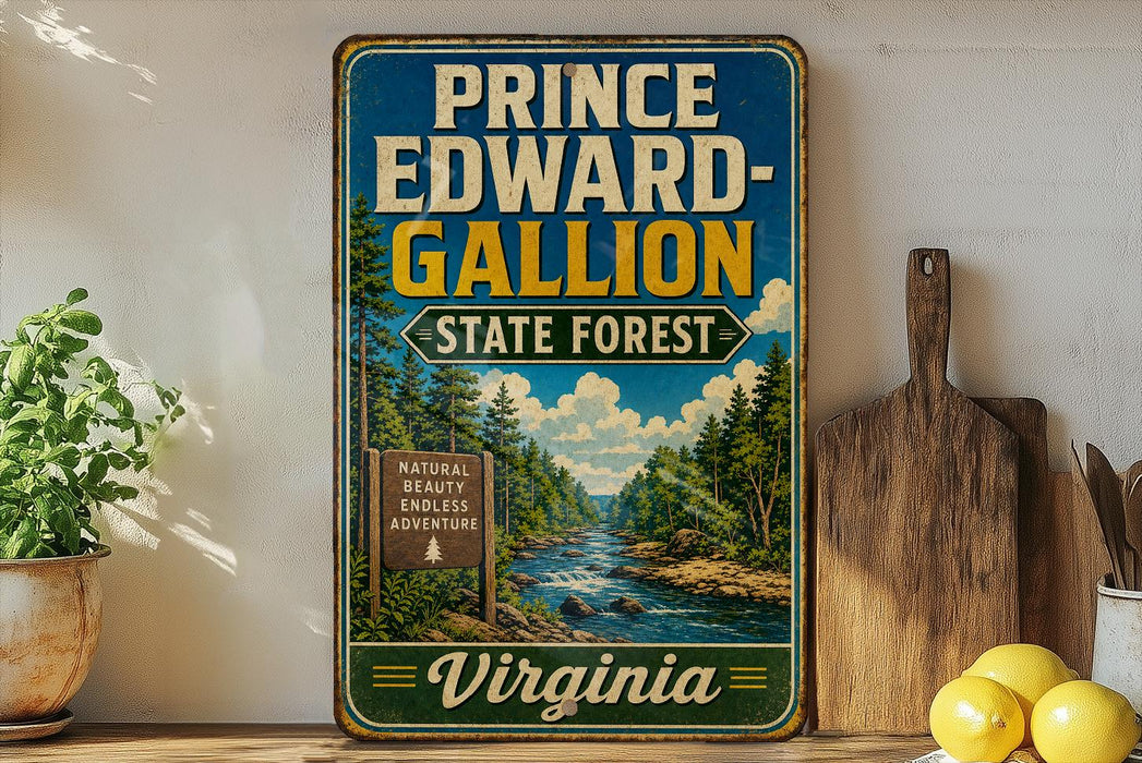 A vintage-style sign for Prince Edward-Gallon State Forest in Virginia, featuring a scenic illustration of a forest and a river.