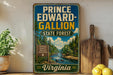 A vintage-style sign for Prince Edward-Gallon State Forest in Virginia, featuring a scenic illustration of a forest and a river.