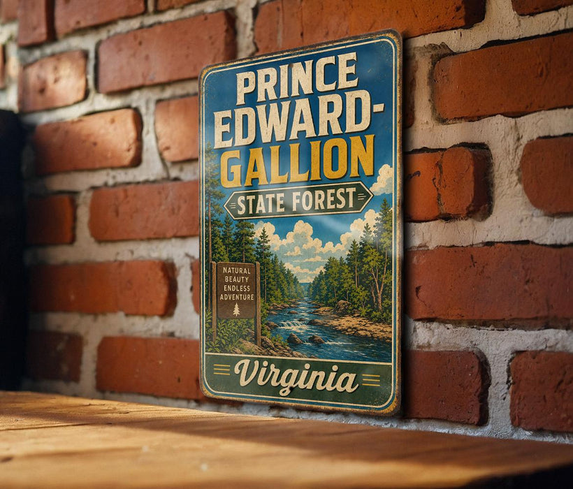 A vintage-style metal sign for Prince Edward-Gallon State Forest in Virginia, featuring a scenic illustration of a forest and a river.