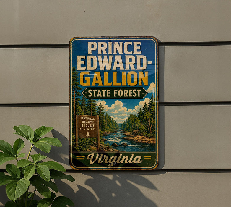 A vintage-style metal sign for Prince Edward-Gallon State Forest in Virginia, featuring a scenic image of a river surrounded by pine trees.