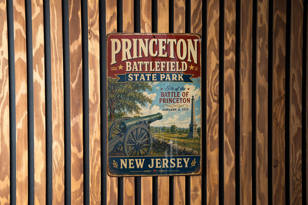 A vintage metal sign for Princeton Battlefield State Park, featuring a cannon and a scenic landscape, is displayed on a wooden wall.
