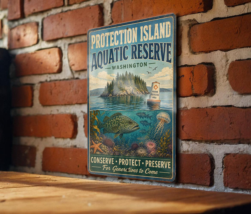 A vintage-style sign for the Protection Island Aquatic Reserve in Washington, featuring a fish, a lighthouse, and a boat, mounted on a brick wall.