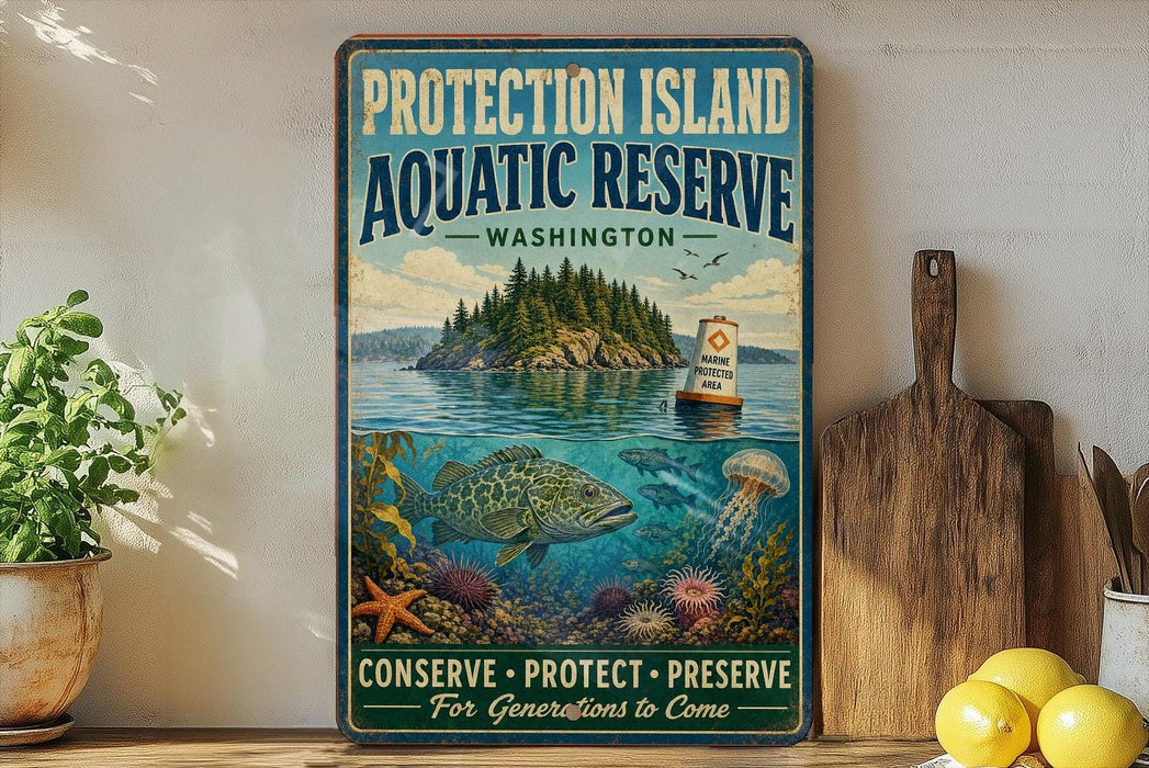 A vintage-style metal sign for the Protection Island Aquatic Reserve in Washington, featuring an illustration of a fish, a lighthouse, and a rocky island surrounded by water.