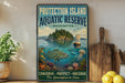 A vintage-style metal sign for the Protection Island Aquatic Reserve in Washington, featuring an illustration of a fish, a lighthouse, and a rocky island surrounded by water.
