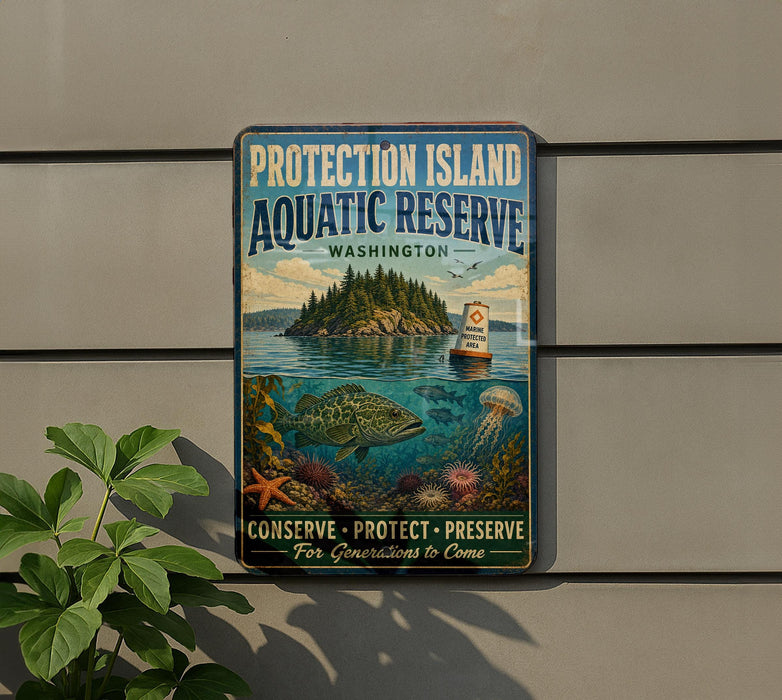 A vintage-style metal sign for the Protection Island Aquatic Reserve in Washington, featuring an illustration of a fish, a boat, and marine life.