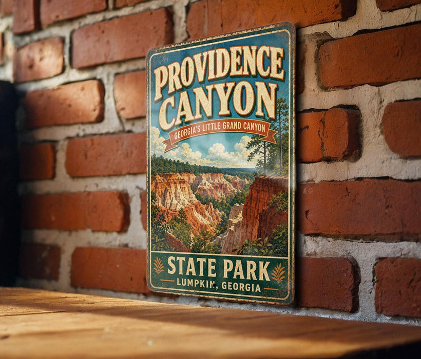 A vintage-style metal sign for Providence Canyon, Georgia, mounted on a brick wall.