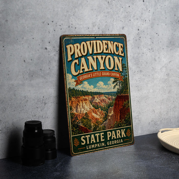 A vintage-style metal sign for Providence Canyon, Georgia, featuring a scenic illustration of the canyon landscape.