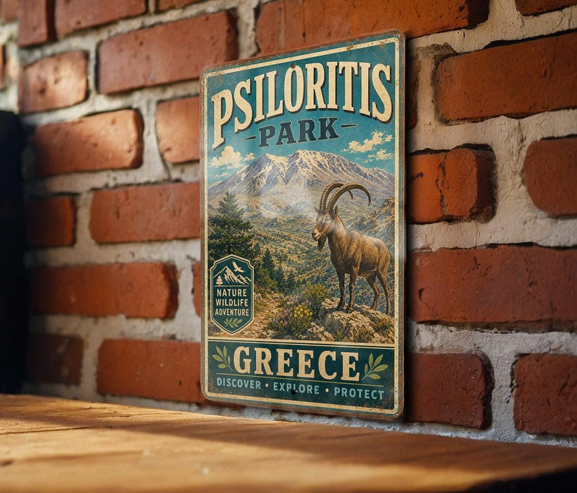 A vintage-style metal sign for PSILORITIS PARK in Greece, featuring a mountain landscape and a goat.