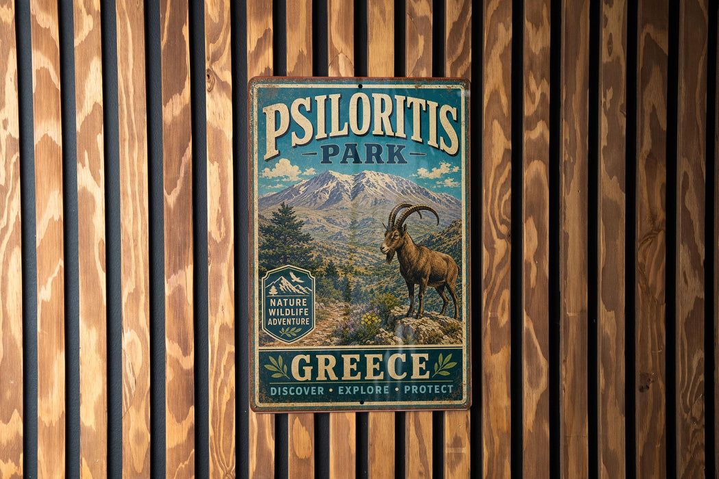 A vintage-style metal sign for Psiloritis Park in Greece, featuring a mountain landscape and a goat.