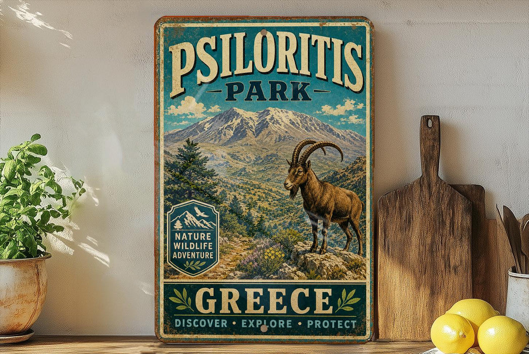 A vintage-style metal sign for Psiloritis Park in Greece, featuring a mountain landscape and a goat.