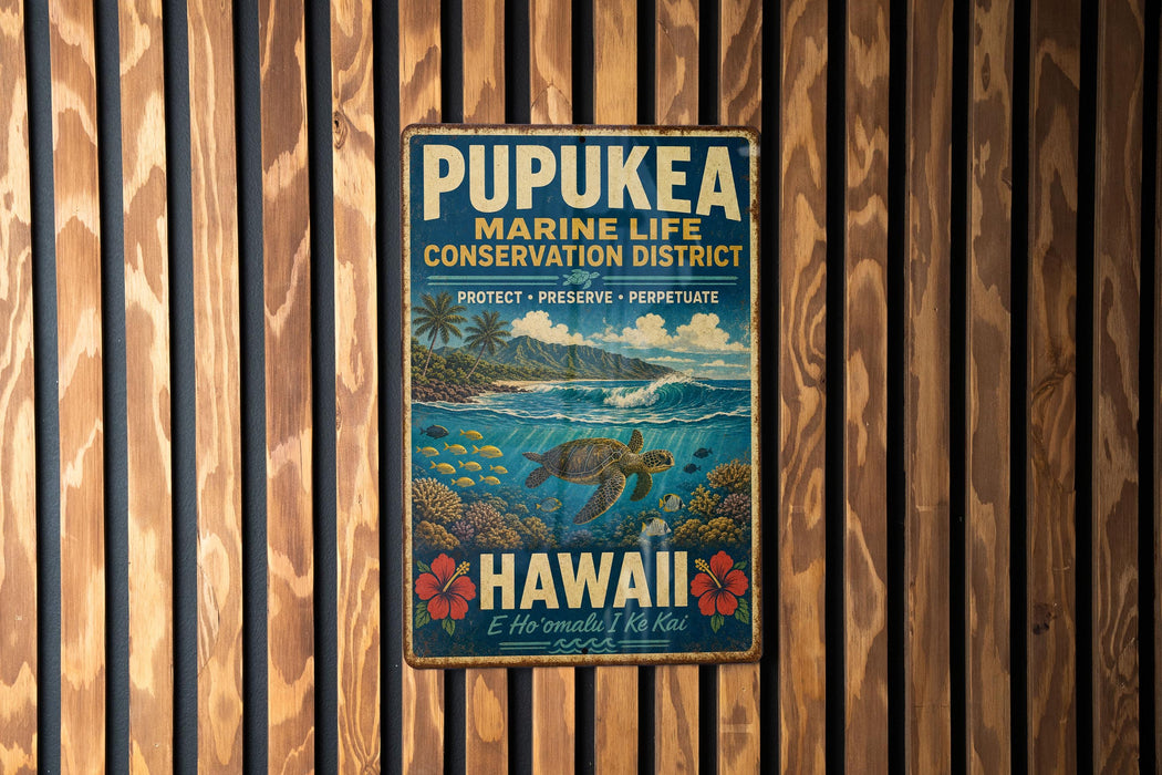 A vintage metal sign for the Pupukea Marine Life Conservation District in Hawaii, featuring a tropical beach scene with a turtle and colorful flowers.