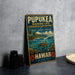 A vintage metal sign for the Pupukea Marine Life Conservation District in Hawaii, featuring a tropical beach scene with a sea turtle and colorful fish.