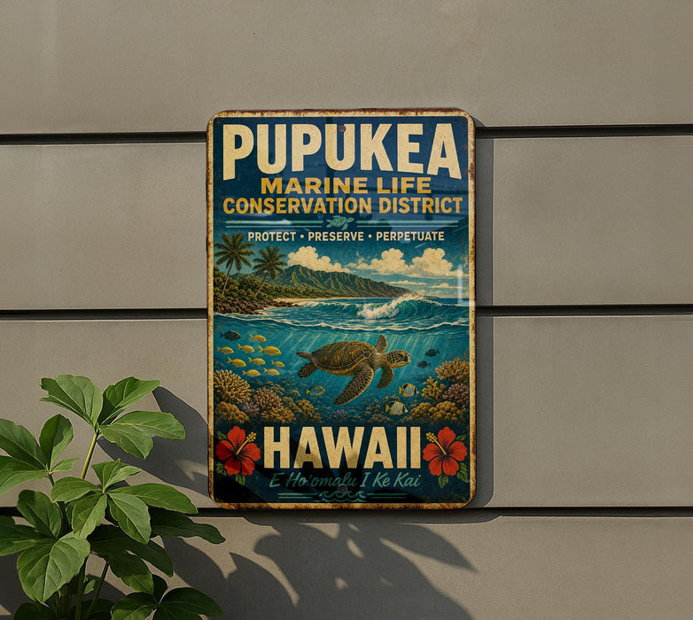 A vintage metal sign for the Pupukea Marine Life Conservation District in Hawaii, featuring a turtle swimming in the ocean and tropical flowers.
