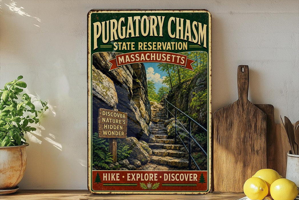 A vintage-style metal sign for Purgatory Chasm State Reserve in Massachusetts, featuring a scenic image of a rocky trail leading up to a waterfall.