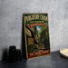 A vintage metal sign for the Purgatory Chasm State Reserve in Massachusetts, featuring a scenic image of a rocky trail leading up to a cliff.