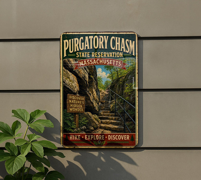 A vintage metal sign for Purgatory Chasm State Reserve in Massachusetts, featuring a scenic image of a rocky trail leading up to a cliff.