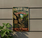 A vintage metal sign for Purgatory Chasm State Reserve in Massachusetts, featuring a scenic image of a rocky trail leading up to a cliff.