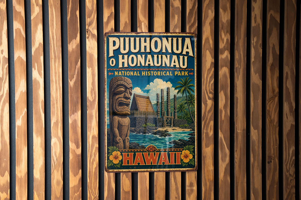 A vintage-style metal sign for Puhonua O Honaunau National Historical Park, featuring a tiki statue and a tropical landscape.