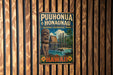 A vintage-style metal sign for Puhonua O Honaunau National Historical Park, featuring a tiki statue and a tropical landscape.