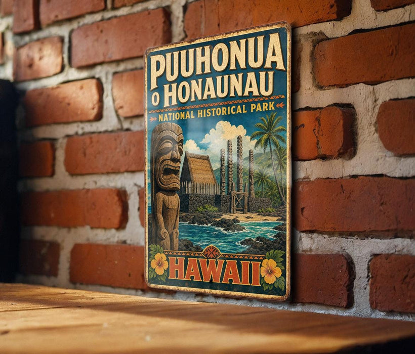 A vintage-style metal sign with the text "PUHONUA O HONAaunau" and "NATIONAL HISTORICAL PARK" is displayed on a brick wall.
