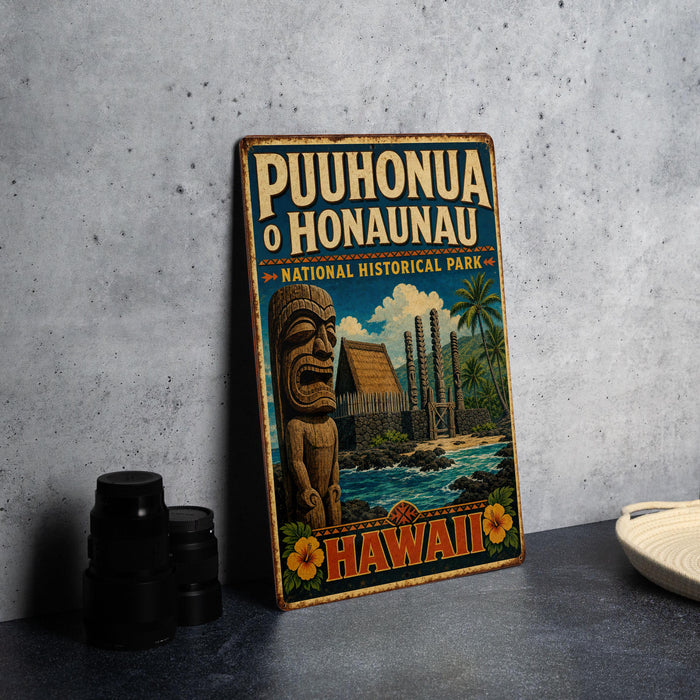 A vintage-style metal sign for Puhonua O Honaunau National Historical Park in Hawaii, featuring a tiki statue and tropical landscape.