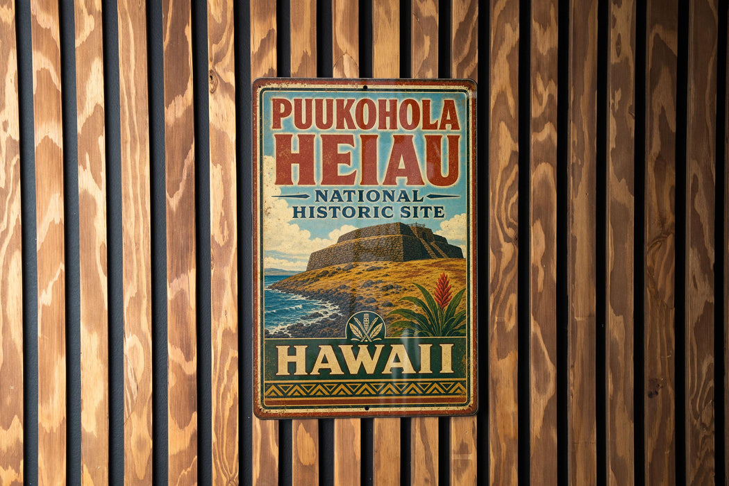 A vintage-style metal sign for Puukohola Heiau, the National Historic Site in Hawaii, is displayed on a wooden wall.