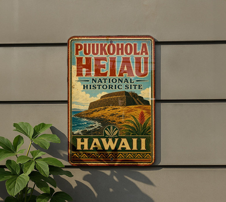 A vintage-style sign for the Puukohola Heiau National Historic Site in Hawaii, featuring a tropical landscape with a mountain and palm trees.