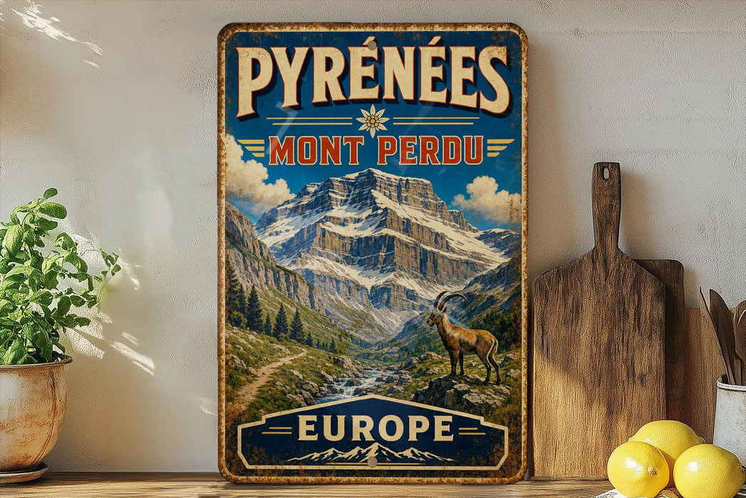 A vintage-style metal sign with a mountain landscape and a goat, advertising the Pyrenees region in Europe.