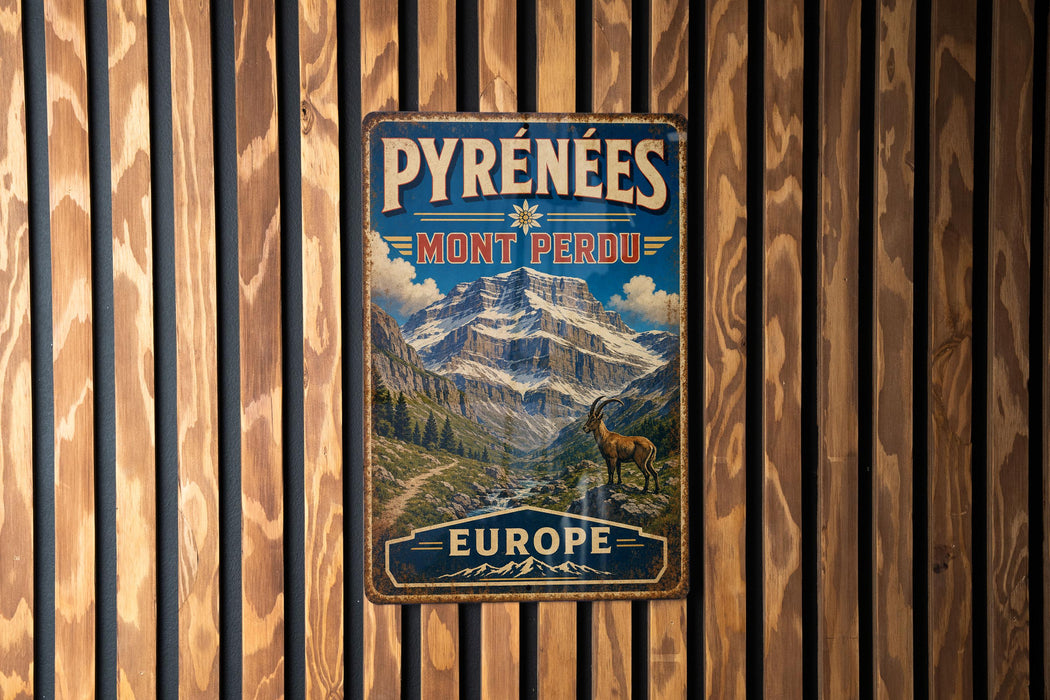 A vintage-style metal sign with the text "PYREENÉES MONT PERDU EUROPE" is displayed on a wooden wall.