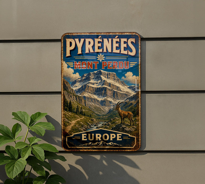 A vintage-style metal sign with the text "PYRENEES MÈT PERDU EUROPE" and an illustration of a mountain landscape with a goat.