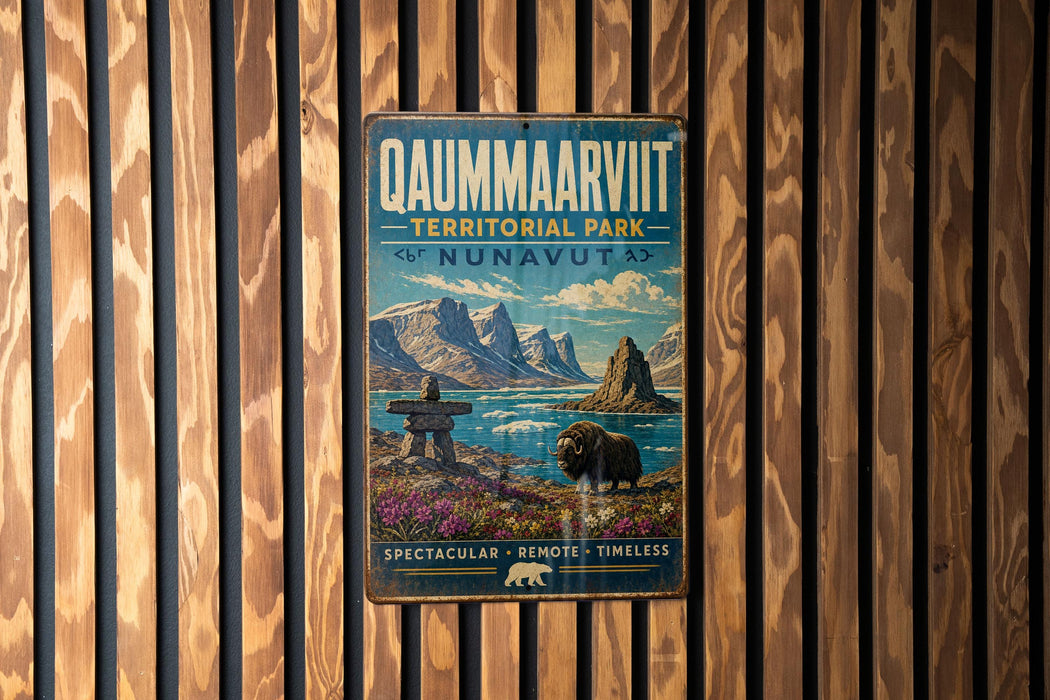 A vintage metal sign for the Northern Territory Park in Nunavut, Canada, featuring a scenic landscape with mountains, a moose, and a frozen lake.