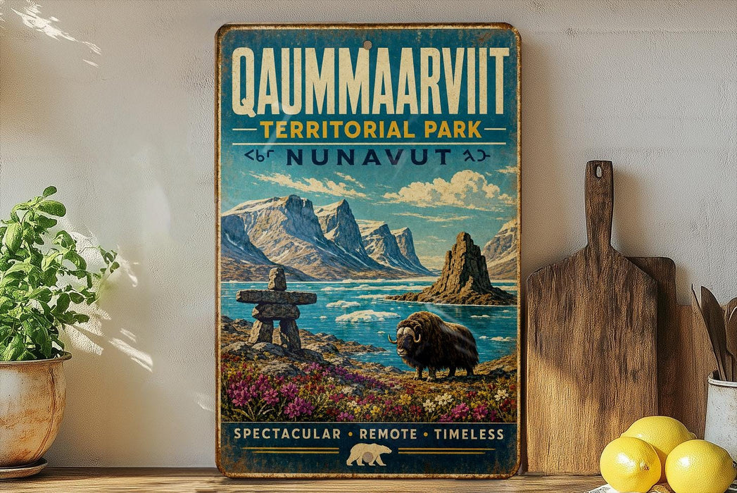 a vintage-style sign for the Qummaarivit Territorial Park, which is located in Nunavut, Canada. The sign is displayed on a wooden shelf, surrounded by various items such as a potted plant, a cutting board, and some lemons.